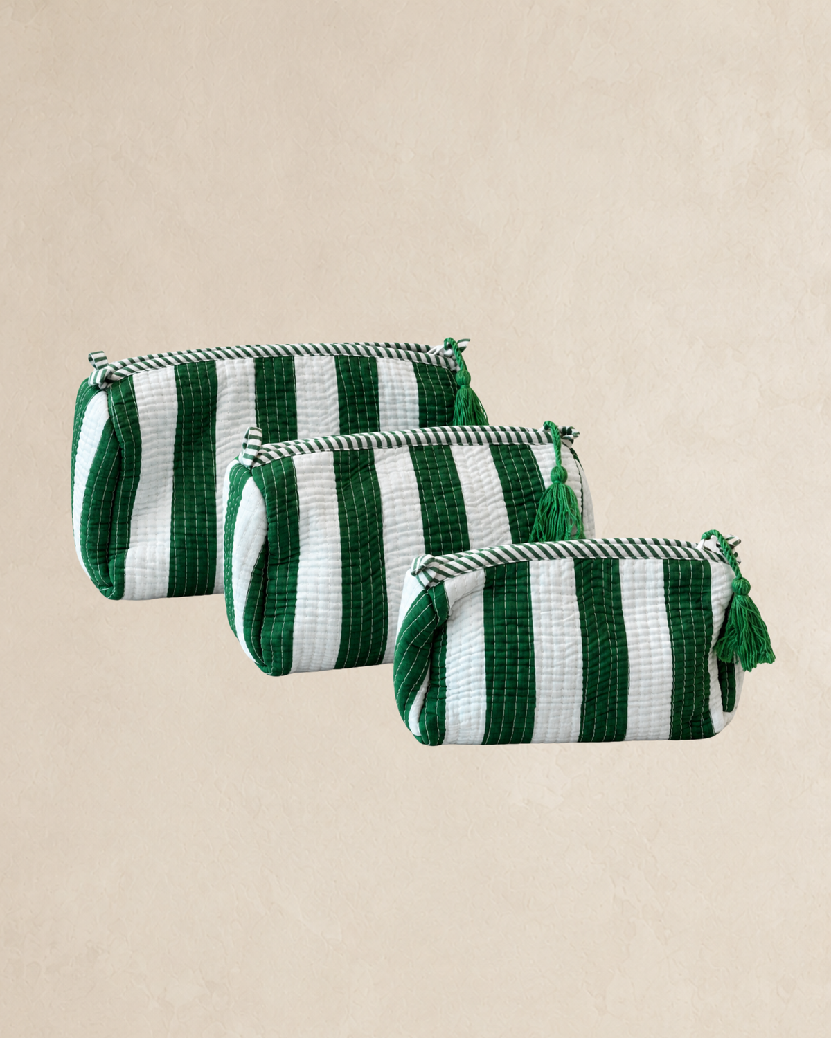 Green & White Striped Washbag Set