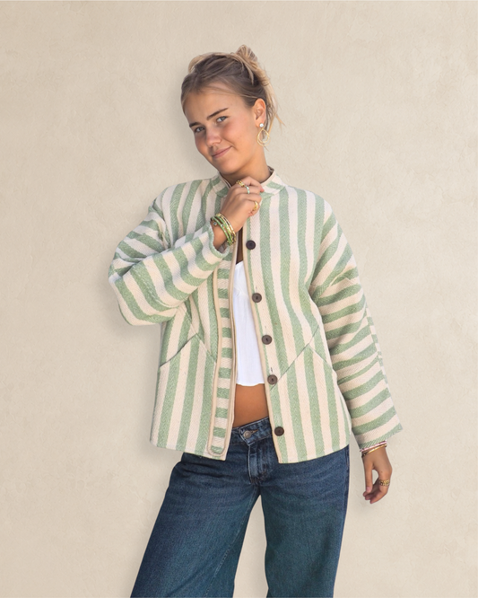 Green and Cream Striped Kantha Jacket