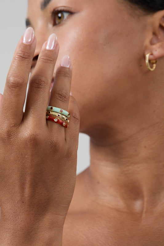 Strawberry Red Enamel Stacking Ring with Garnet