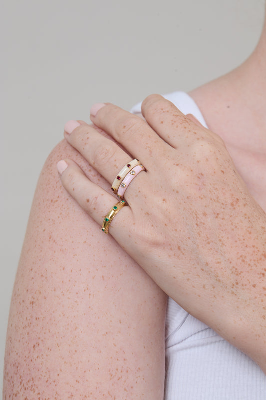 Marshmallow Ivory Enamel Stacking Ring with Red Garnet