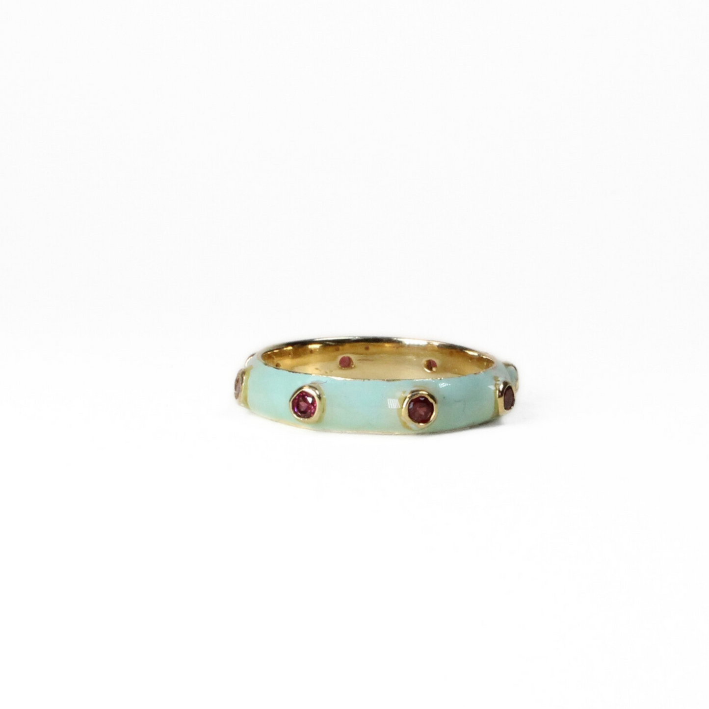 Peppermint Green Enamel Stacking Ring with Red Garnet