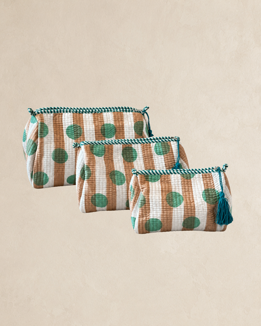Brown, Green & White Cotton Washbag Set