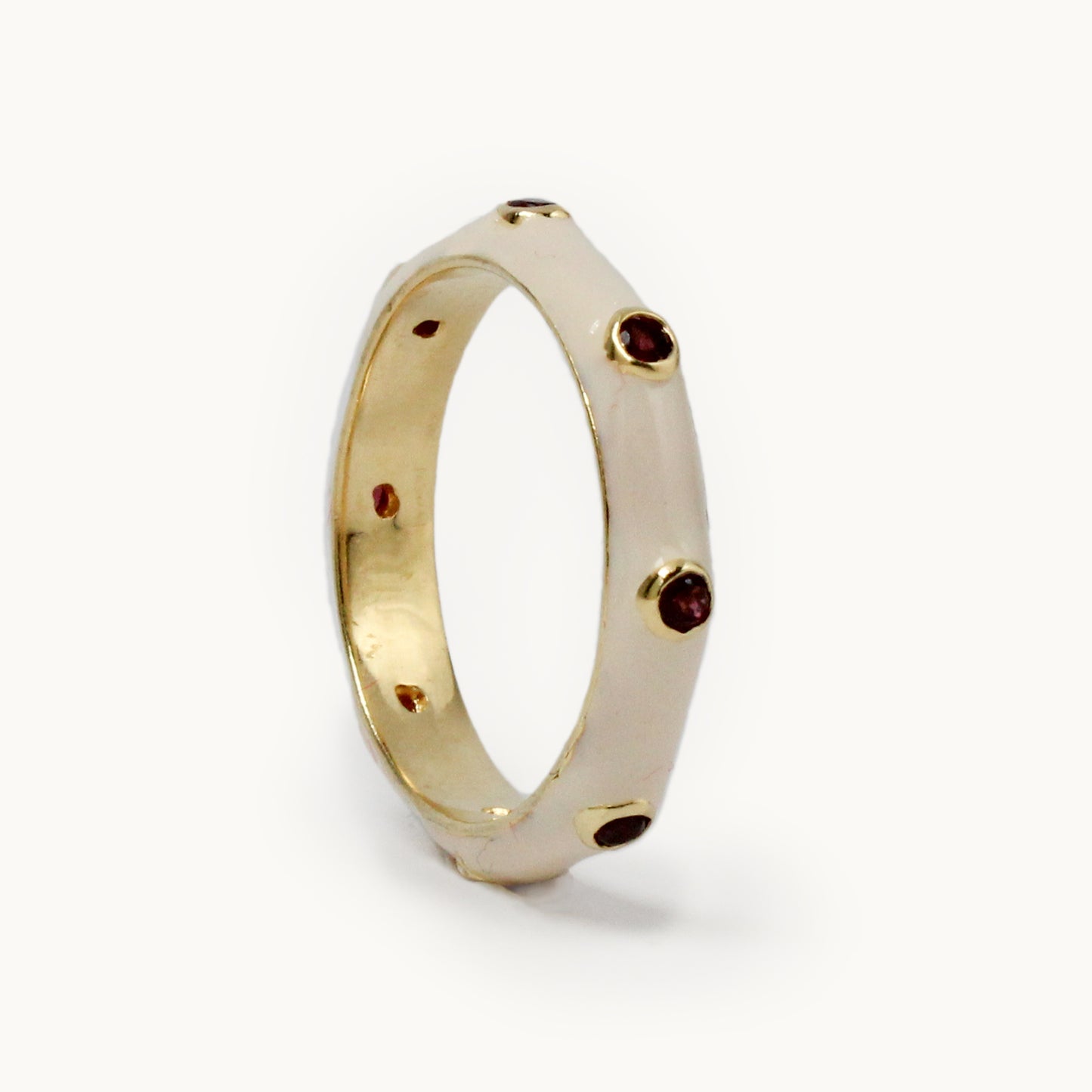 Marshmallow Ivory Enamel Stacking Ring with Red Garnet