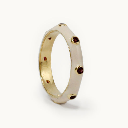 Marshmallow Ivory Enamel Stacking Ring with Red Garnet
