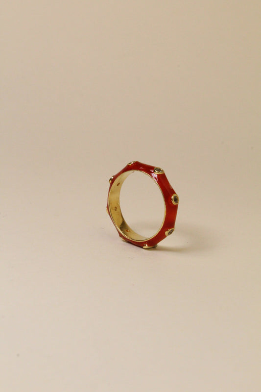 Strawberry Red Enamel Stacking Ring with Garnet