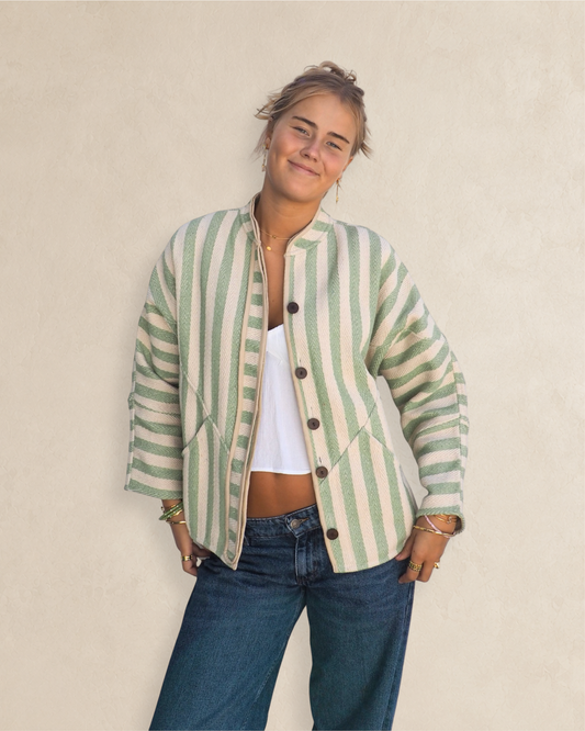 Green and Cream Striped Kantha Jacket