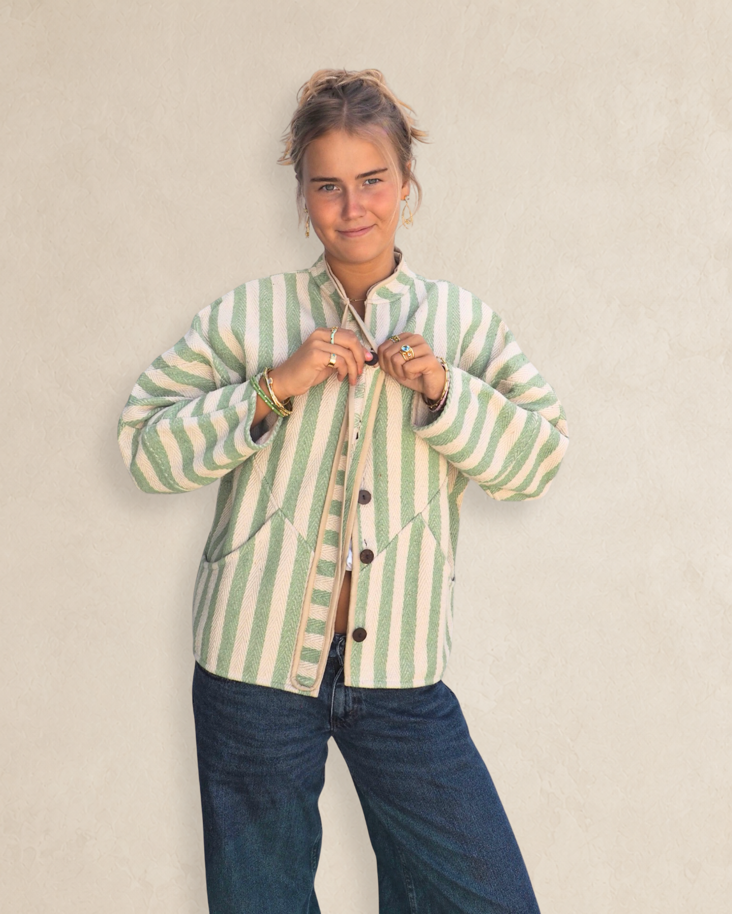 Green and Cream Striped Kantha Jacket