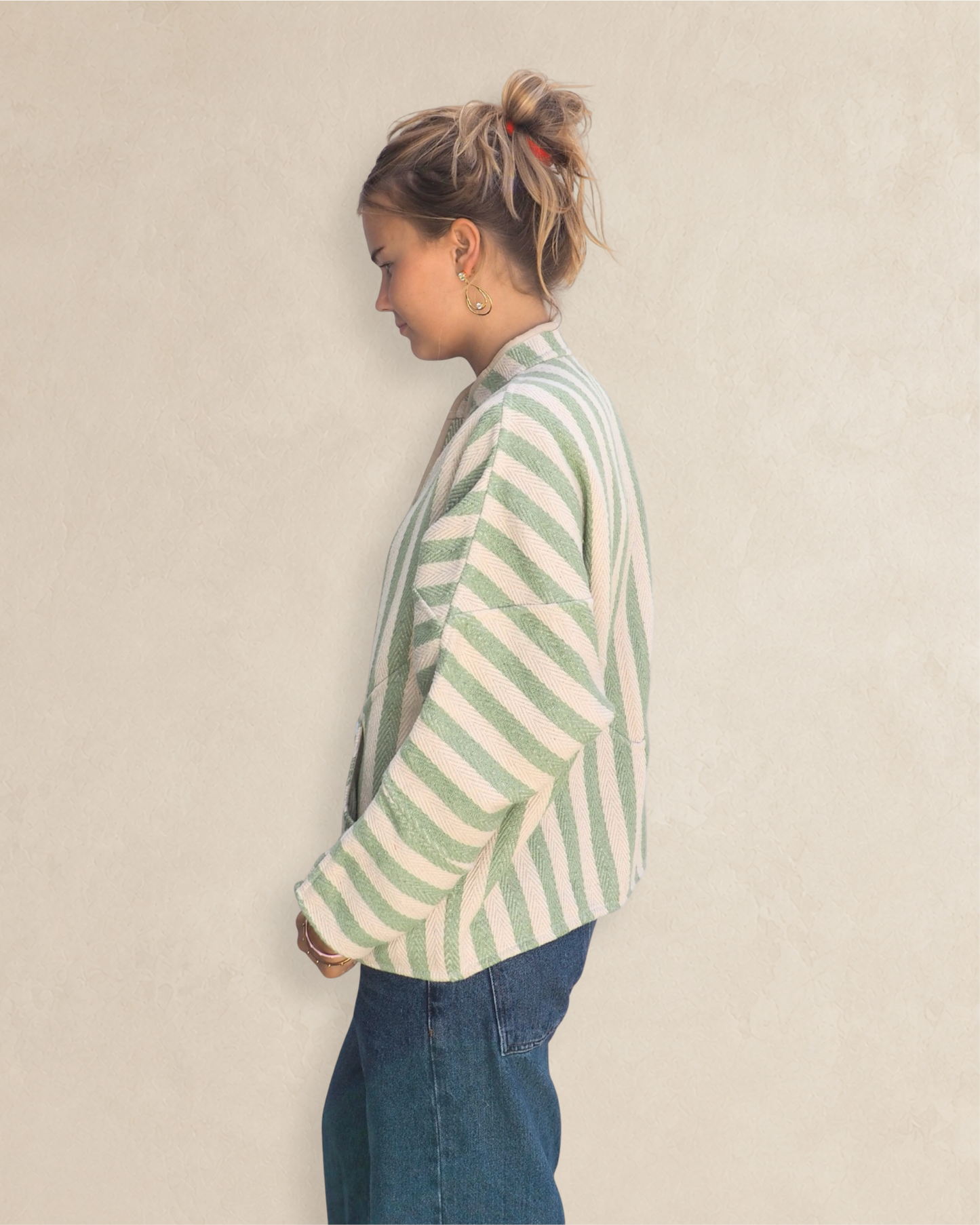 Green and Cream Striped Kantha Jacket