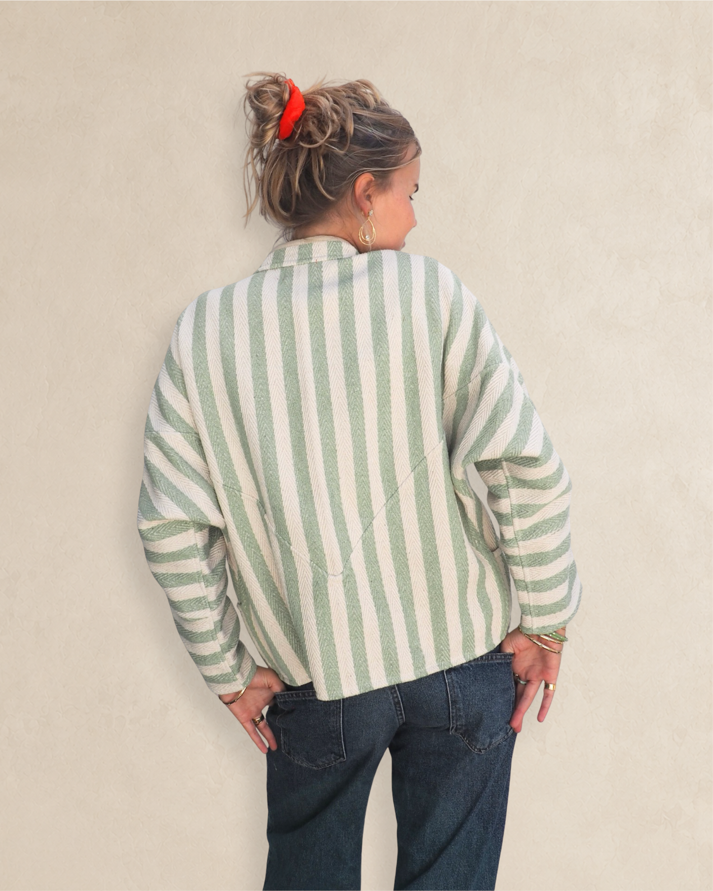 Green and Cream Striped Kantha Jacket