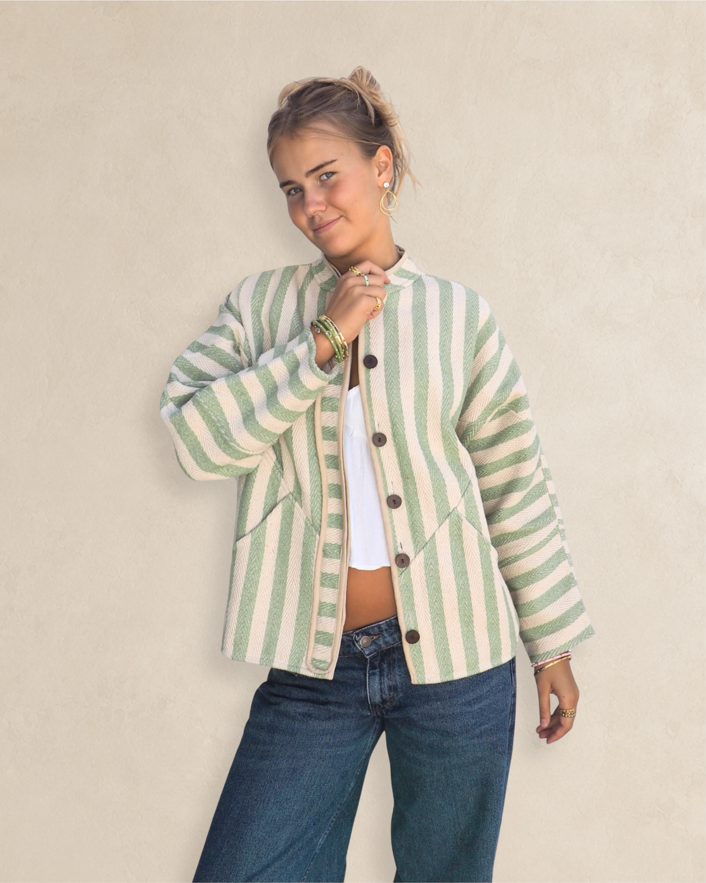 Green and Cream Striped Kantha Jacket