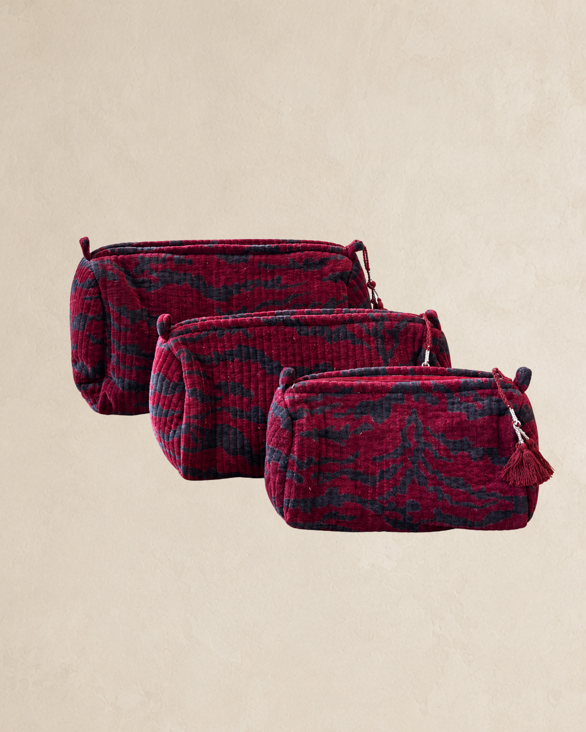 Deep Red & Charcoal Velvet Washbag Set