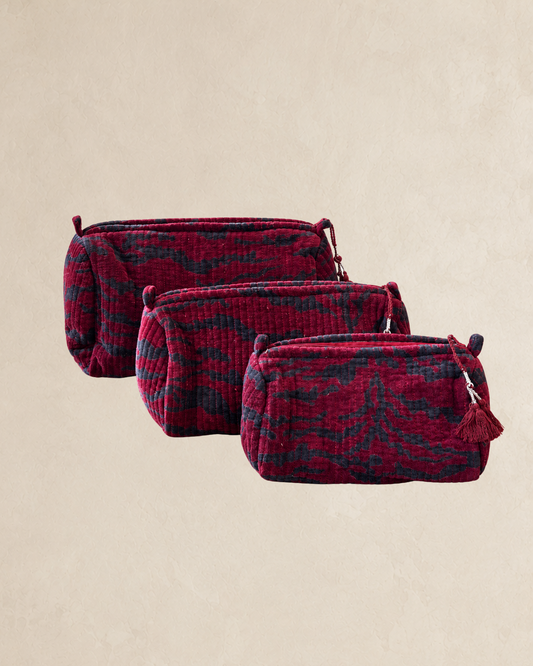 Deep Red & Charcoal Velvet Washbag Set