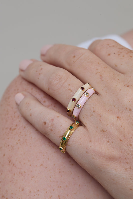 Bubblegum Pink Enamel Stacking Ring with White CZ