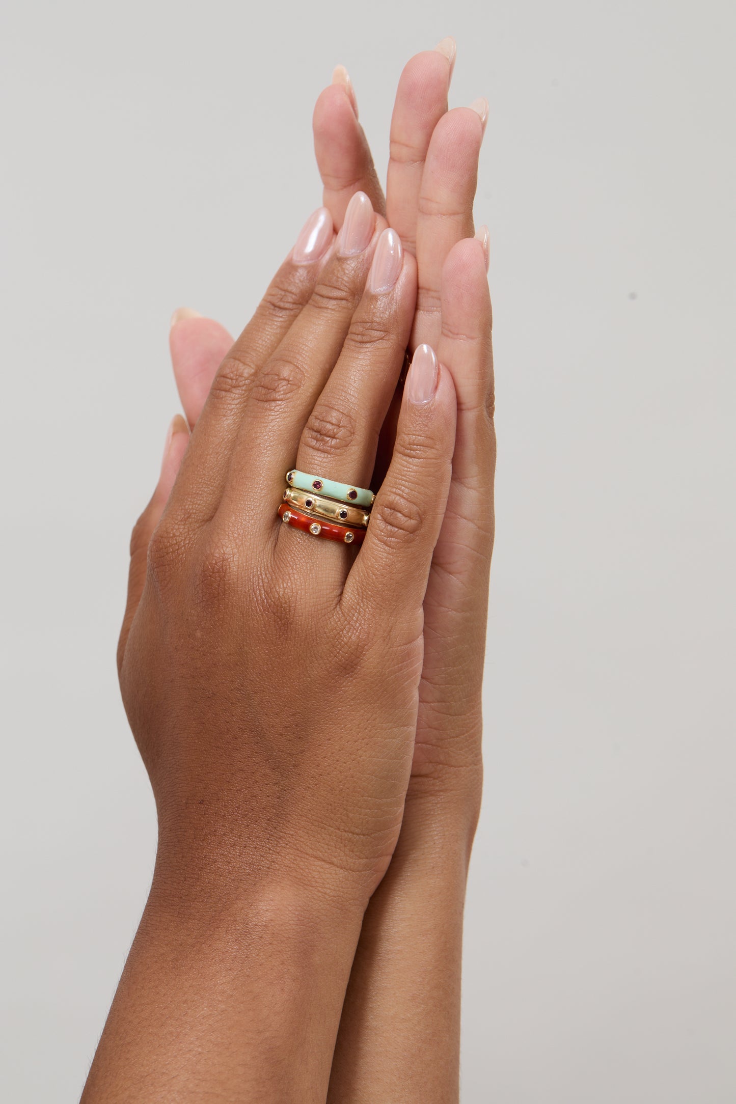 Peppermint Green Enamel Stacking Ring with Red Garnet
