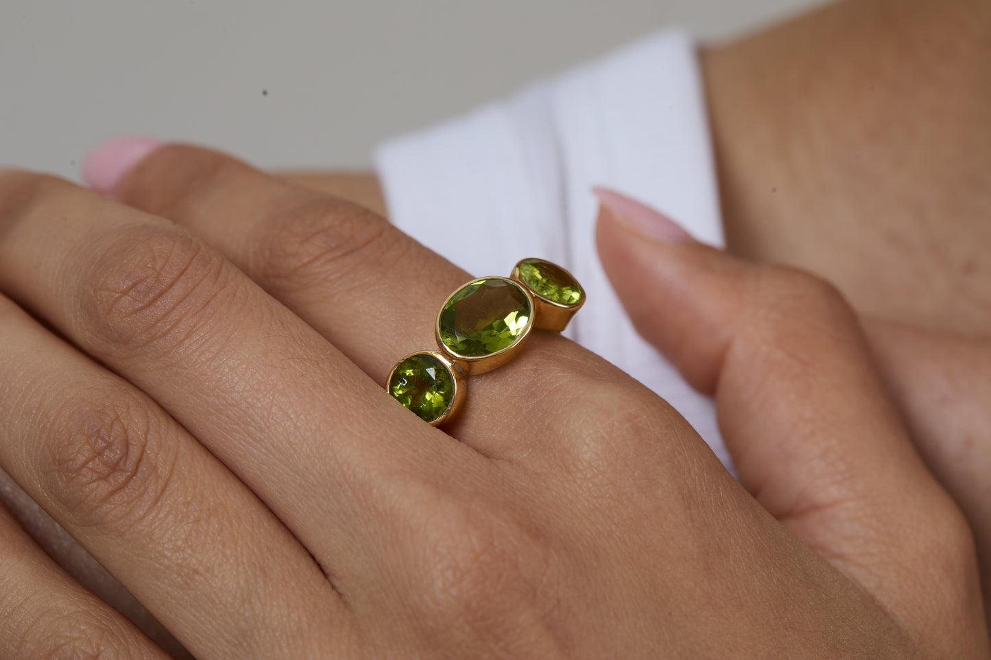 Green Peridot Triad Ring