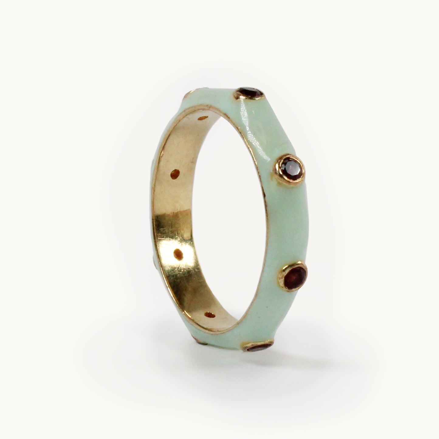 Peppermint Green Enamel Stacking Ring with Red Garnet