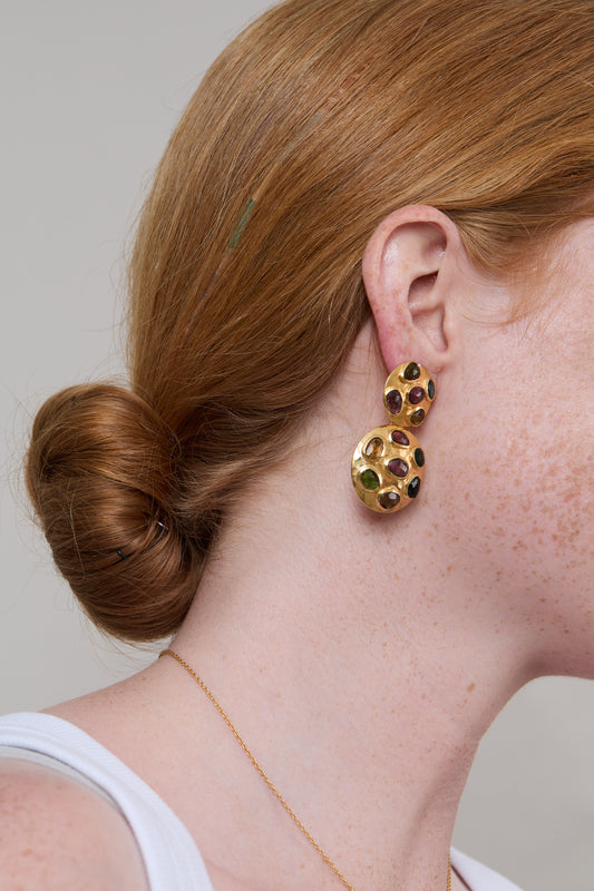 Double Gem Shields Round Earrings